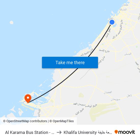 Al Karama Bus Station - 02 to Khalifa University جامعة خليفة map