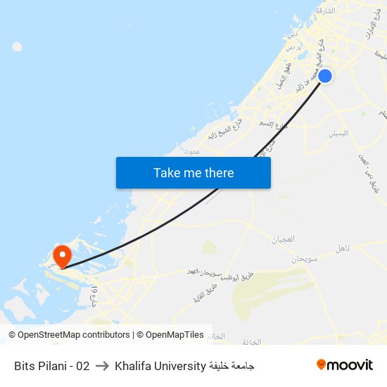 Bits Pilani - 02 to Khalifa University جامعة خليفة map