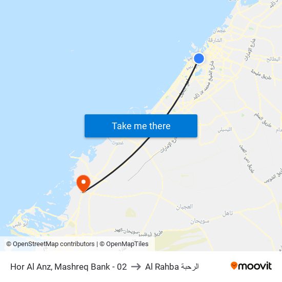 Hor Al Anz, Mashreq Bank - 02 to Al Rahba الرحبة map