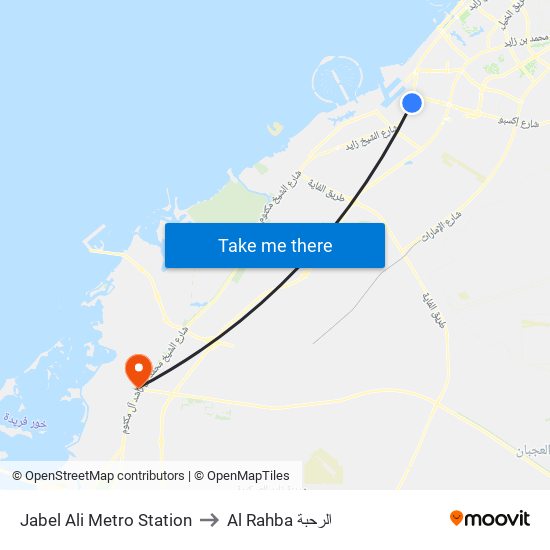 Jabel Ali Metro Station to Al Rahba الرحبة map