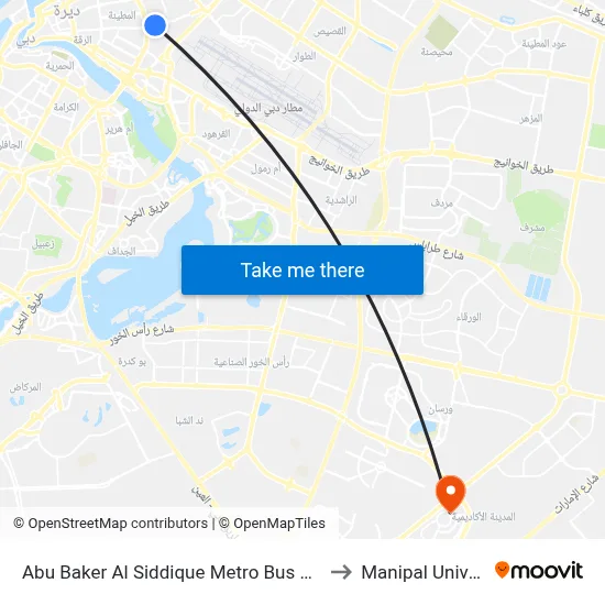 Abu Baker Al Siddique Metro Bus Stop 2 - 01 to Manipal University map