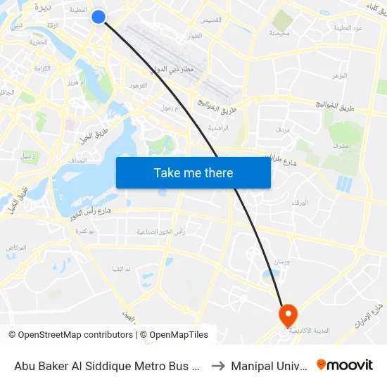 Abu Baker Al Siddique Metro Bus Stop 1 - 01 to Manipal University map
