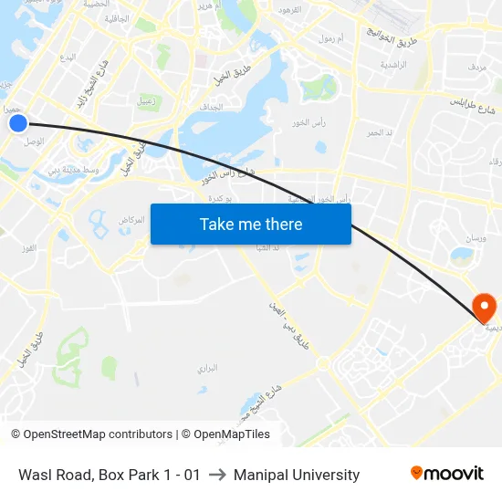 Wasl Road, Box Park 1 - 01 to Manipal University map
