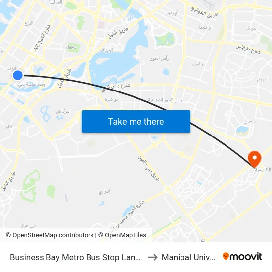Business Bay Metro Bus Stop Landside - 01 to Manipal University map