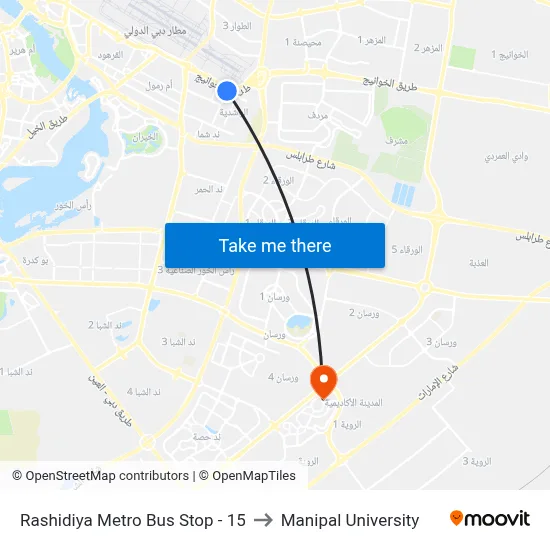 Rashidiya Metro Bus Stop - 15 to Manipal University map