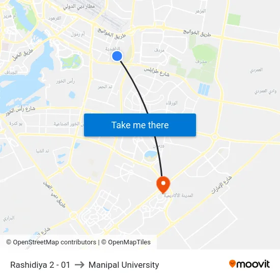 Rashidiya 2 - 01 to Manipal University map