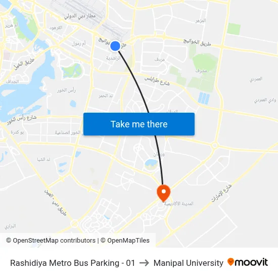 Rashidiya Metro Bus Parking - 01 to Manipal University map