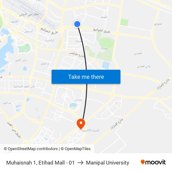 Muhaisnah 1, Etihad Mall - 01 to Manipal University map