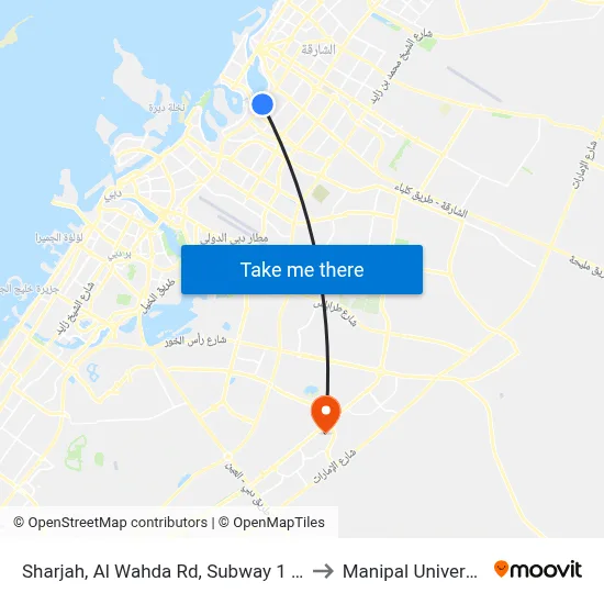 Sharjah, Al Wahda Road, Subway 1 - 01 to Manipal University map