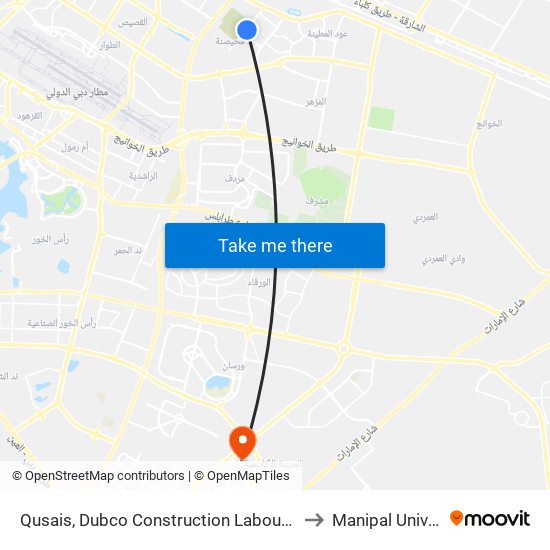 Qusais, Dubco Construction Labour Camp - 01 to Manipal University map