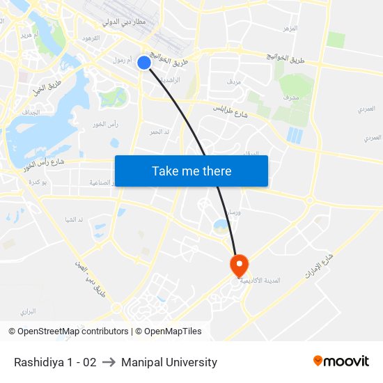 Rashidiya 1 - 02 to Manipal University map