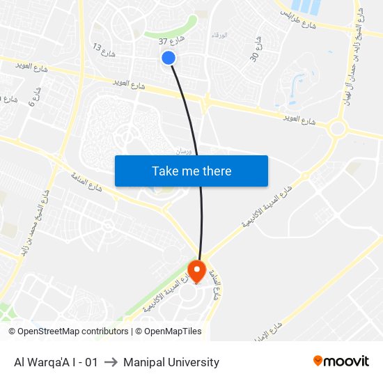Al Warqa'A I - 01 to Manipal University map
