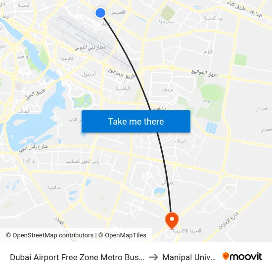 Dubai Airport Free Zone Metro Bus Stop - 01 to Manipal University map