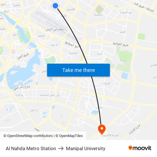 Al Nahda Metro Station to Manipal University map