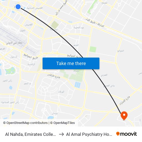 Al Nahda, Emirates College - 1 to Al Amal Psychiatry Hospital map