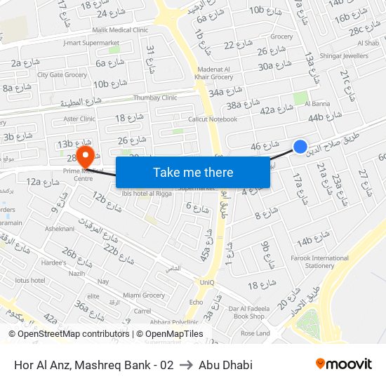 Hor Al Anz, Mashreq Bank - 02 to Abu Dhabi map