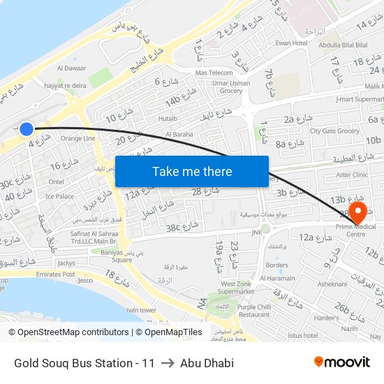 Gold Souq Bus Station - 11 to Abu Dhabi map