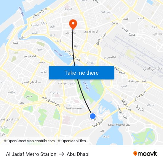 Al Jadaf Metro Station to Abu Dhabi map