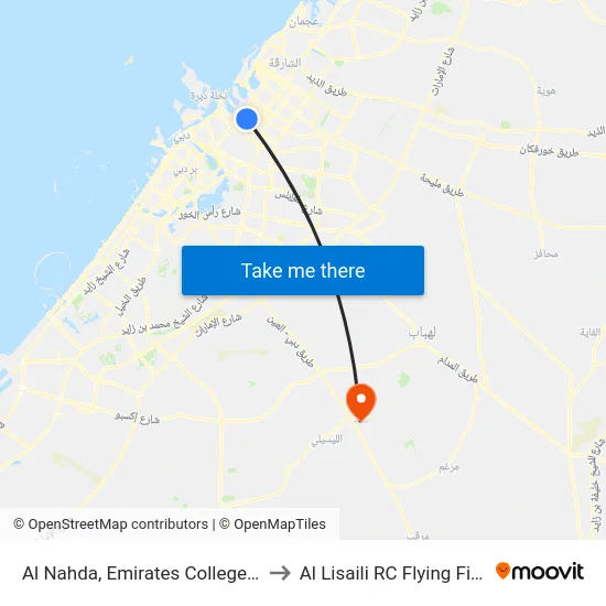 Al Nahda, Emirates College - 1 to Al Lisaili RC Flying Field map