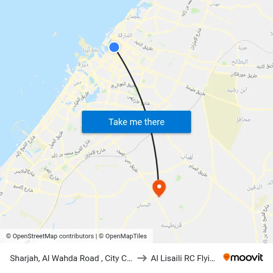 Sharjah, Al Wahda Road, City Center 1 - 02 to Al Lisaili RC Flying Field map