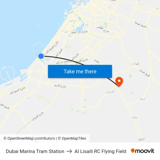 Dubai Marina Tram Station to Al Lisaili RC Flying Field map