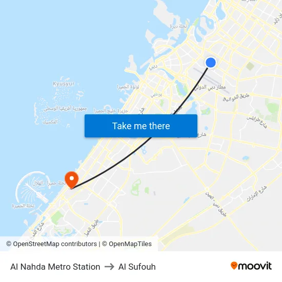 Al Nahda Metro Station to Al Sufouh map
