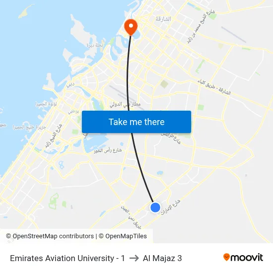 Emirates Aviation University - 1 to Al Majaz 3 map