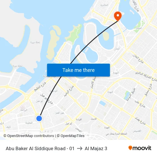 Abu Baker Al Siddique Road - 01 to Al Majaz 3 map