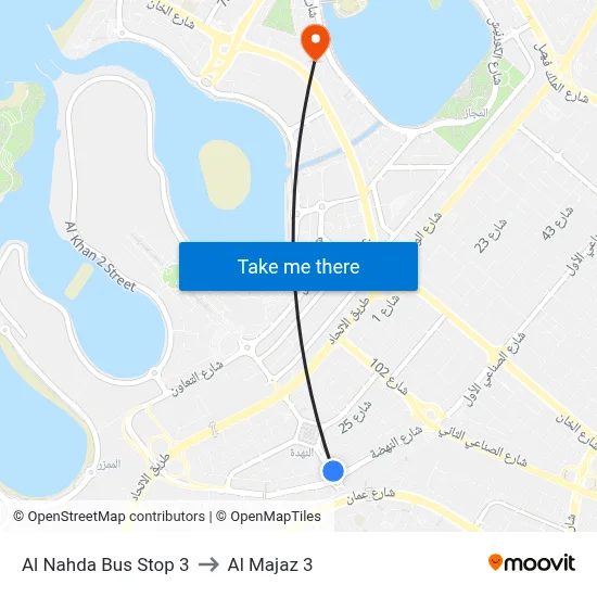 Al Nahda Bus Stop 3 to Al Majaz 3 map