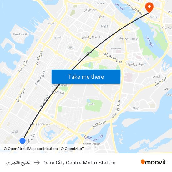 الخليج التجاري to Deira City Centre Metro Station map