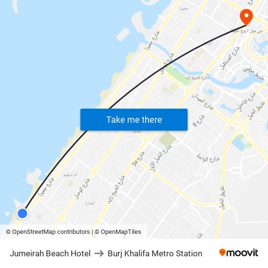 Jumeirah Beach Hotel to Burj Khalifa Metro Station map