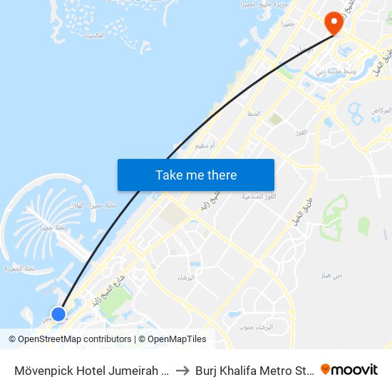 Mövenpick Hotel Jumeirah Beach to Burj Khalifa Metro Station map
