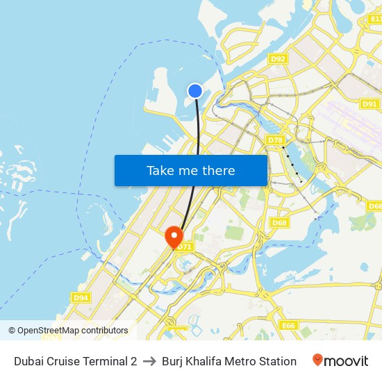 Dubai Cruise Terminal 2 to Burj Khalifa Metro Station map