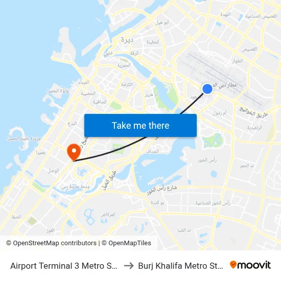 Airport Terminal 3 Metro Station to Burj Khalifa Metro Station map