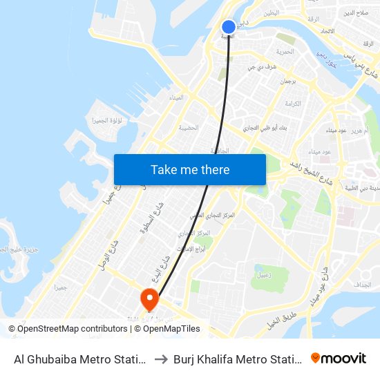 Al Ghubaiba Metro Station to Burj Khalifa Metro Station map