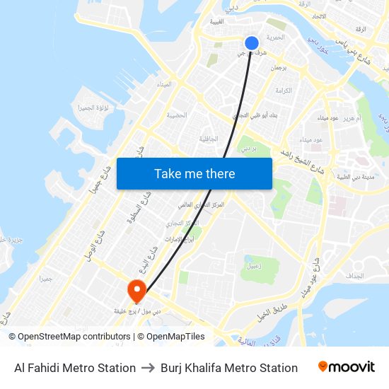 Al Fahidi Metro Station to Burj Khalifa Metro Station map