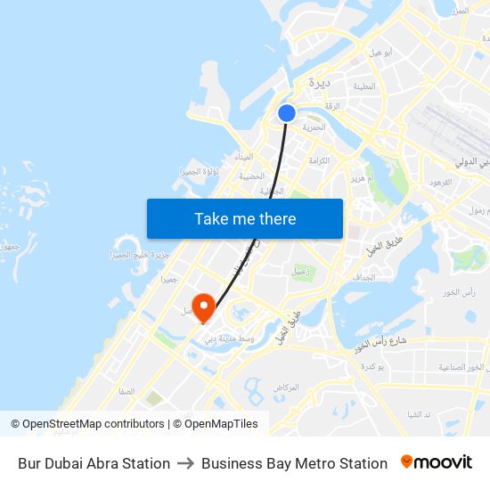 Bur Dubai Abra Station to Business Bay Metro Station map