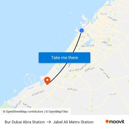 Bur Dubai Abra Station to Jabel Ali Metro Station map