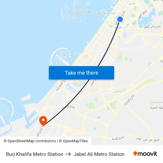 Burj Khalifa Metro Station to Jebel Ali Metro Station map