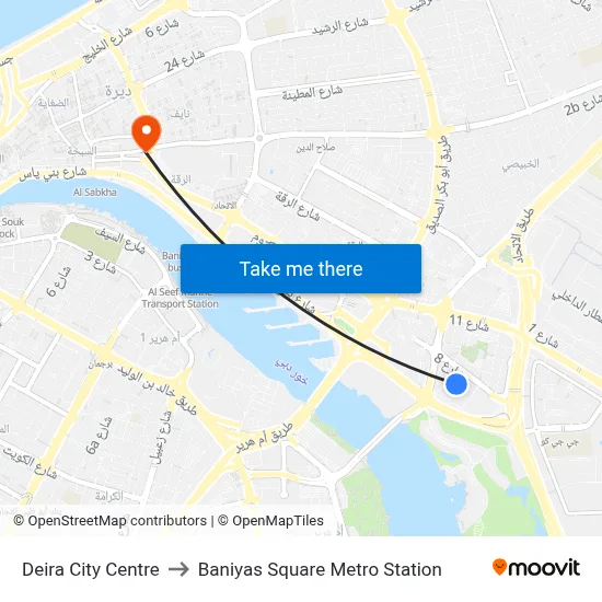Deira City Centre to Baniyas Square Metro Station map