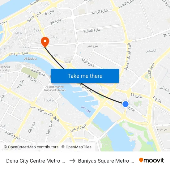 Deira City Centre Metro Station to Baniyas Square Metro Station map