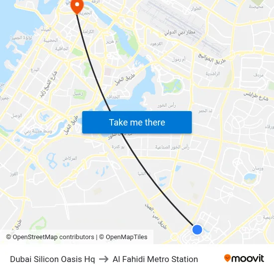 Dubai Silicon Oasis HQ to Al Fahidi Metro Station map