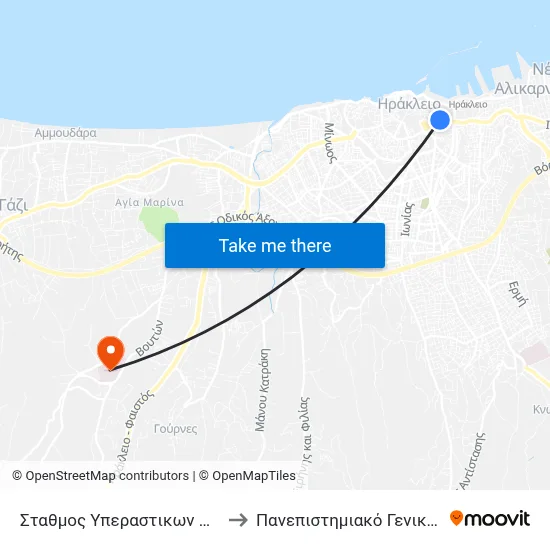 Intercity Bus Station A to University General Hospital of Heraklion map