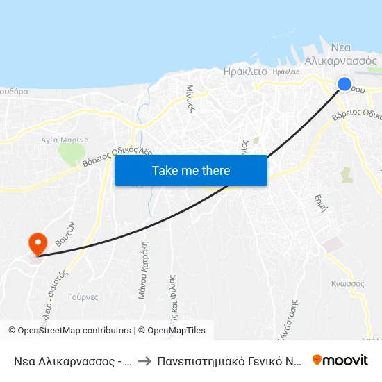 Nea Alikarnassos to University General Hospital of Heraklion map