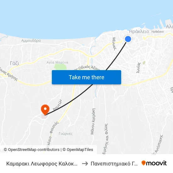 Kamaraki 166 Kalokerinou Avenue to University General Hospital of Heraklion map