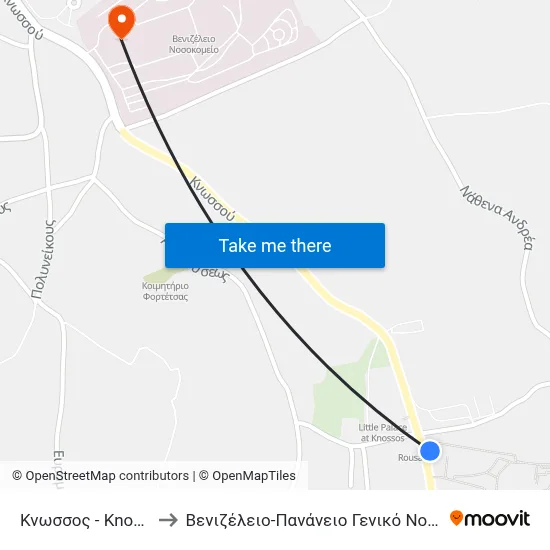 Knossos Palace to Venizeleio-Pananio General Hospital of Heraklion map