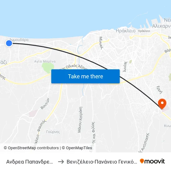 Andrea Papandreou - Hotel Marilena to Venizeleio-Pananio General Hospital of Heraklion map