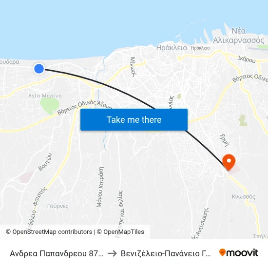 Andrea Papandreou 87 to Venizeleio-Pananio General Hospital of Heraklion map