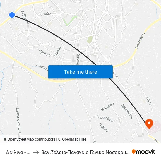 Dilina to Venizeleio-Pananio General Hospital of Heraklion map