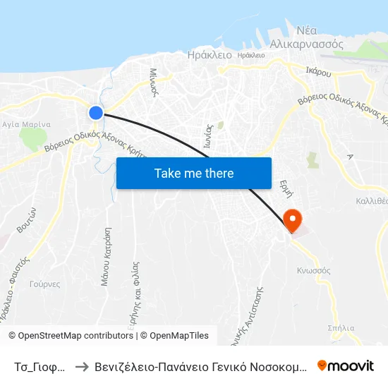 Giofyro Terminal 1 to Venizeleio-Pananio General Hospital of Heraklion map